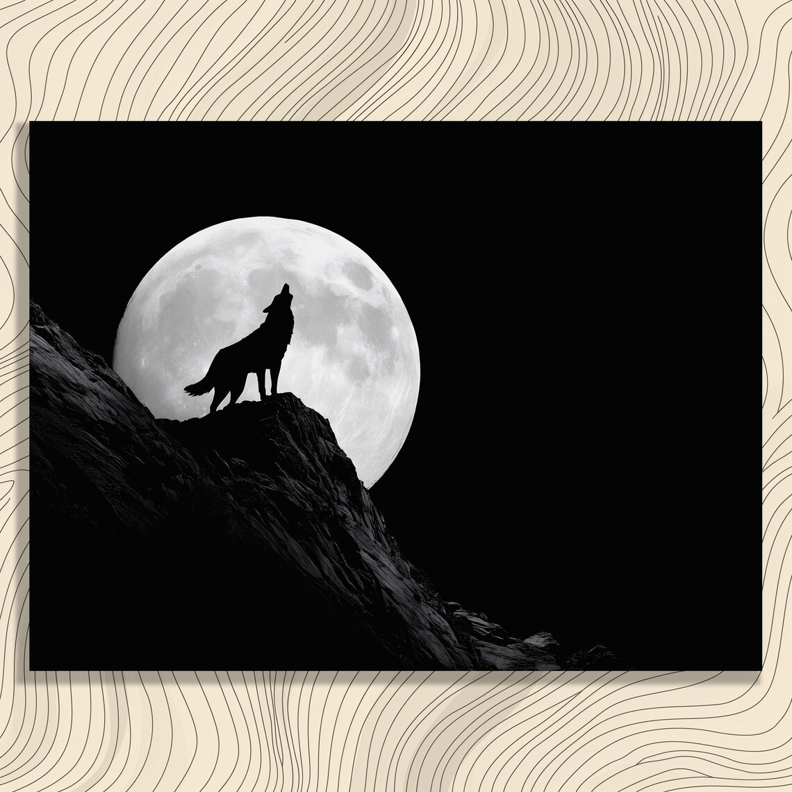 Howling Wolf Canvas Wall Art Moonlit Silhouette Nature Print Black White Mountain Painting Wildlife Decor Modern Minimalist Gift