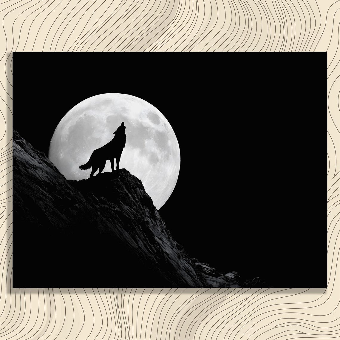 Howling Wolf Silhouette Full Moon Night Mountain Scene Poster