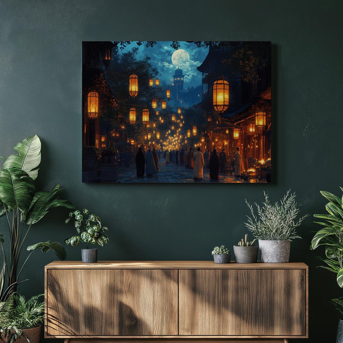 Moonlit Lantern Street Crowd Night Festival Celebration Wall Art