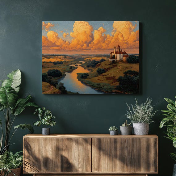 Majestic Castle Canvas Wall Art Medieval Landscape River Sunset Panoramic Decor Print Gift Poster Decorative Fine