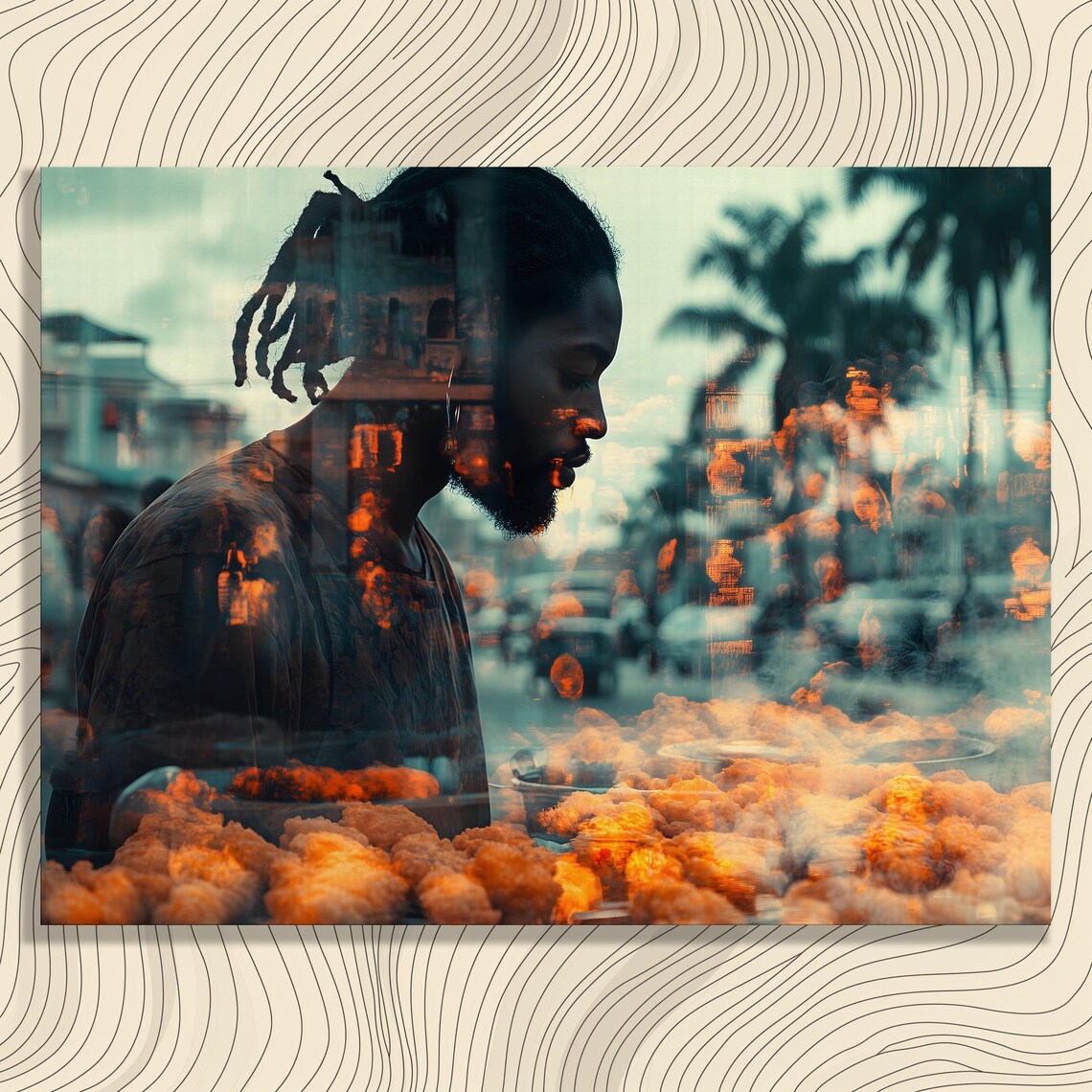 Trinidad Street Food Vendor Poster Double Exposure Tropical City Culture Decor