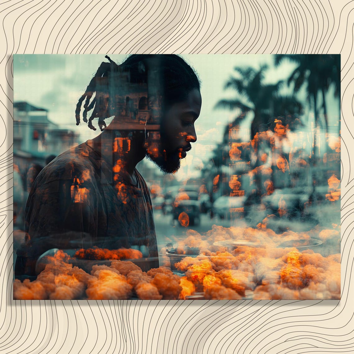 Trinidad Street Vendor Canvas Wall Art Tropical Food Portrait With Steam And Palm Trees Market Kitchen Decor Foodie Print