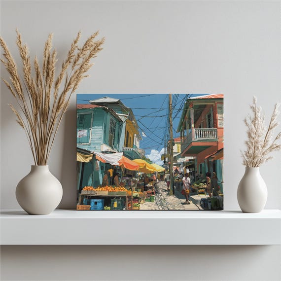 Caribbean Street Market Canvas Wall Art Vibrant Tropical Decor Print With Rustic Wooden Stalls Fruit Vendor Scene Island