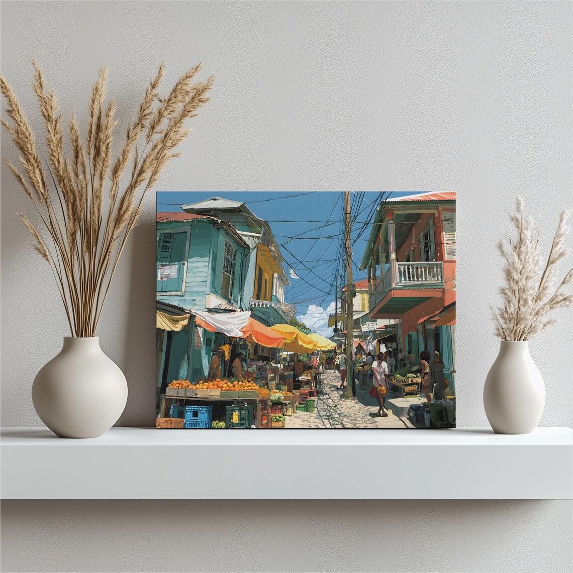 Caribbean Street Market With Colorful Buildings and Fruit Stalls Wall Art