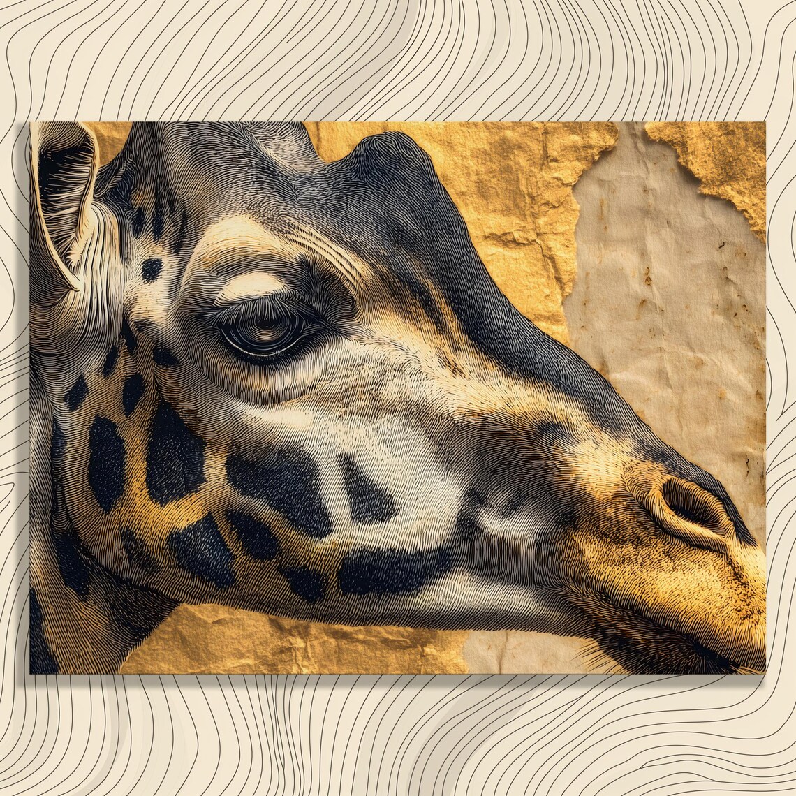 Giraffe Profile Black Gold Etching Style Wildlife Portrait Poster