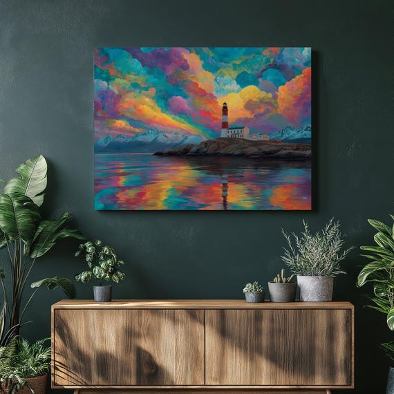 Colorful Lighthouse Sunset Canvas Wall Art Coastal Seascape Painting Print Ocean Landscape Mountain Shore Sky Water Reflection