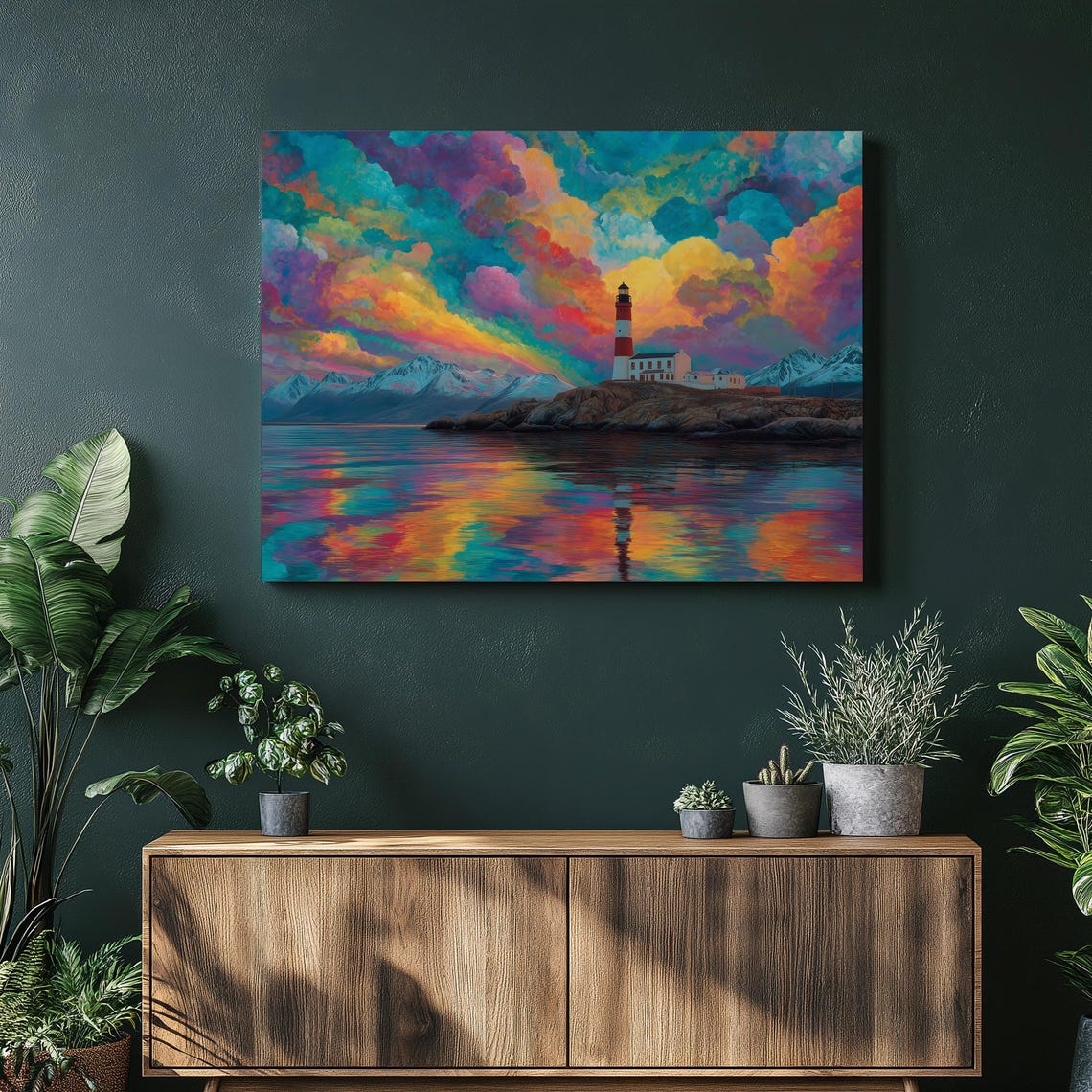 Colorful Lighthouse Sunset Seascape Vibrant Clouds Reflection Poster