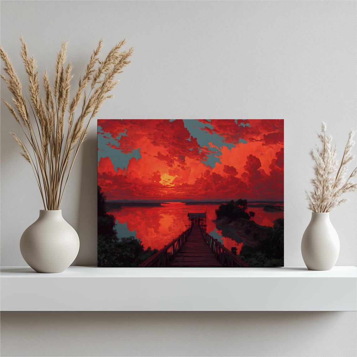 Fiery Red Sunset Over Tropical Lake Wooden Pier Landscape Poster