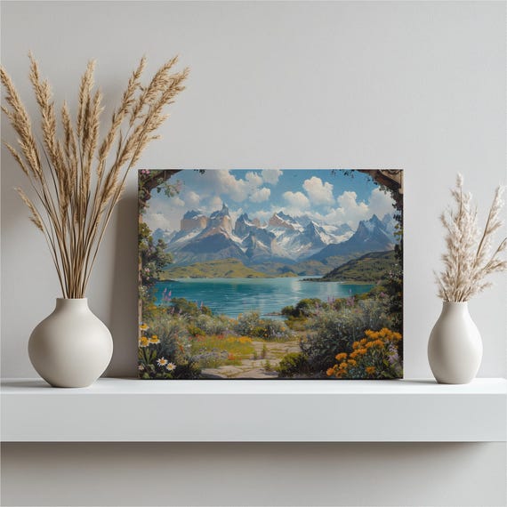 Chile Canvas Wall Art Torres Del Paine Mountainscape Painting With Lakes And Wildflowers For Nature Lovers Perfect Home Or Office