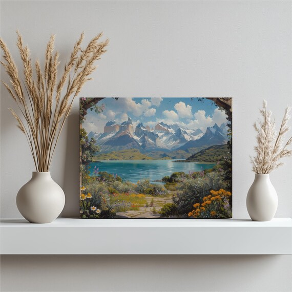 Torres del Paine Patagonia Turquoise Lake Wildflower Art Poster
