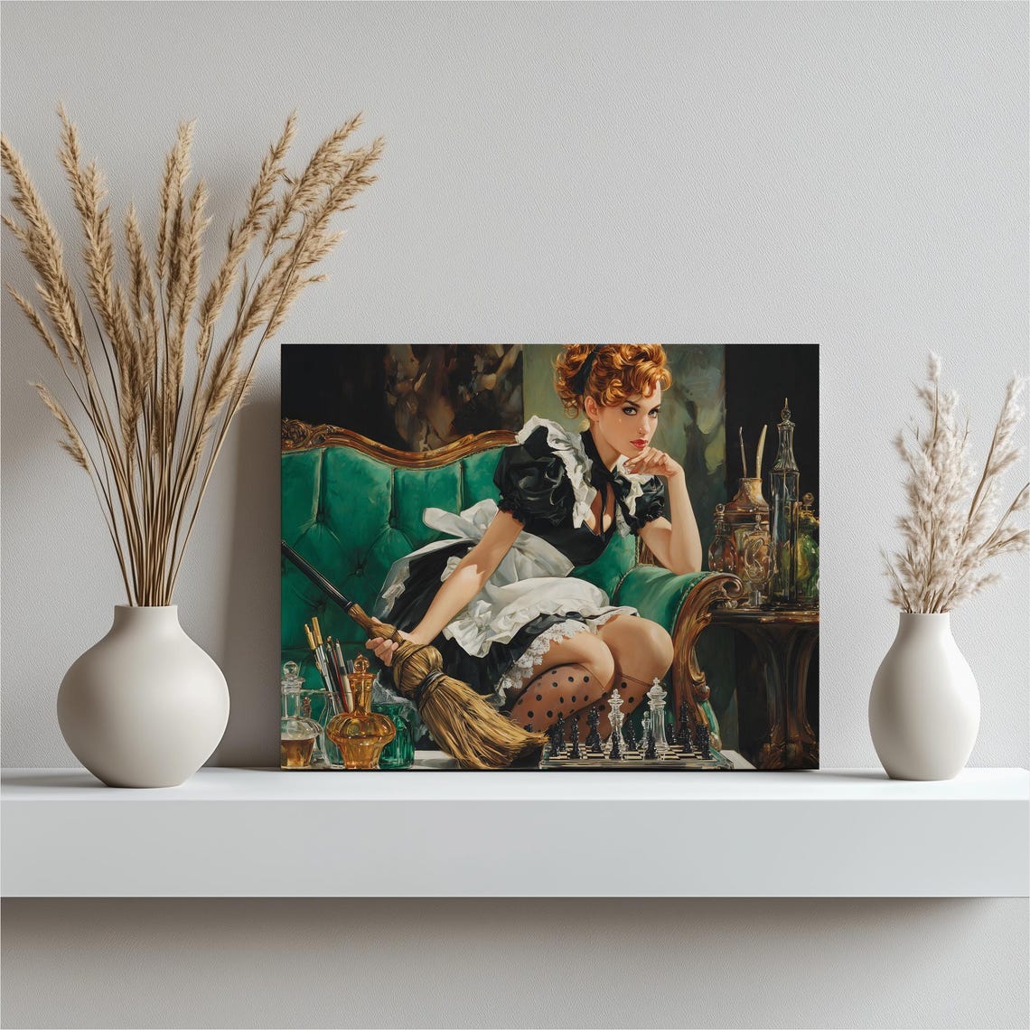 Vintage Pin Up Maid Playing Chess Emerald Sofa Painting Poster
