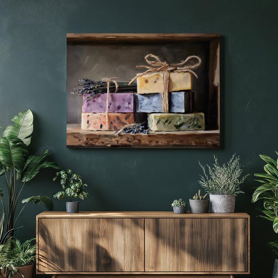 Colorful Lavender Soap Canvas Wall Art Rustic Farmhouse Still Life Painting Botanical Handmade Aromatherapy Natural