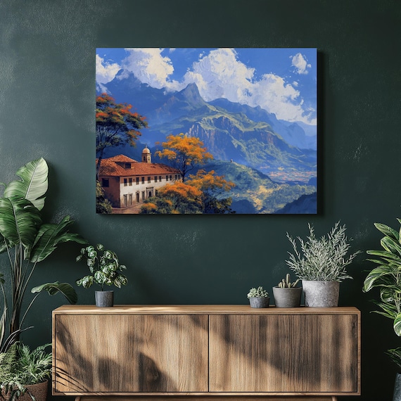 Grand Mountain Valley Church Golden Trees Landscape Oil Poster