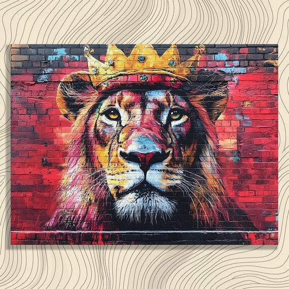 Crowned Lion Graffiti Street Art Red Brick Urban Loft Wall Art