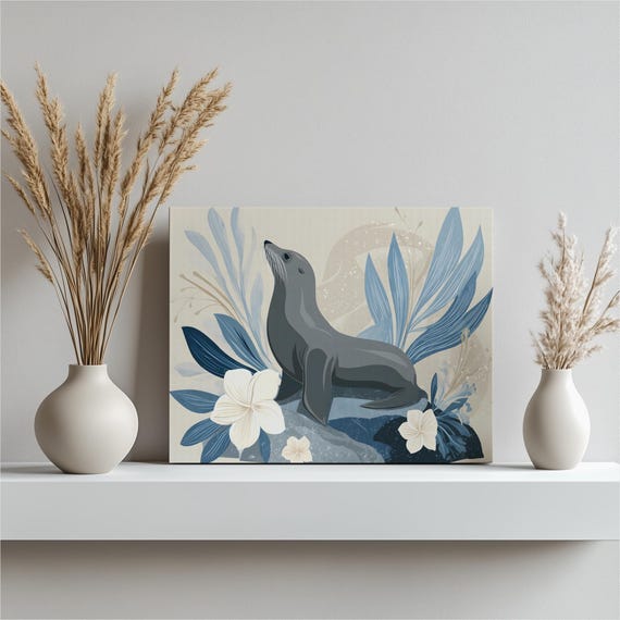 Minimalist Seal Canvas Wall Art Coastal Botanical Print Blue Floral Ocean Wildlife Neutral Decor Sea Lion Illustration Painting Gift