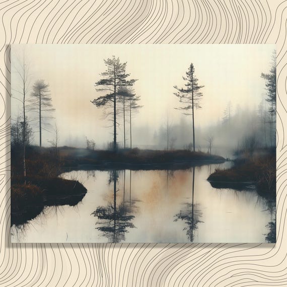 Misty Forest Canvas Wall Art Serene Water Painting Print Minimal Landscape Decor Gift For Enthusiast Gallery Quality
