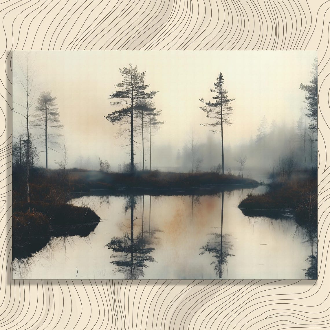 Misty Pine Forest Lake Reflection Serene Foggy Morning Landscape Print