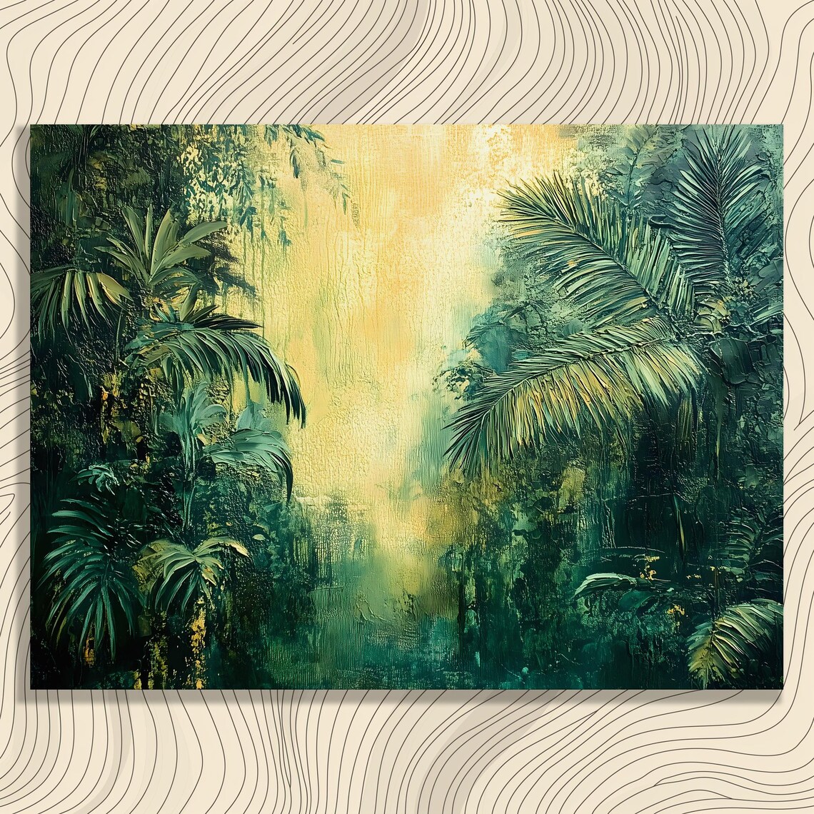 Tropical Jungle Palm Leaves Textured Gold Green Rainforest Canvas Wall Art