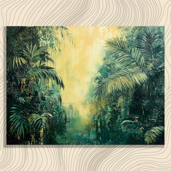 Tropical Jungle Palm Leaves Textured Gold Green Rainforest Canvas Wall Art