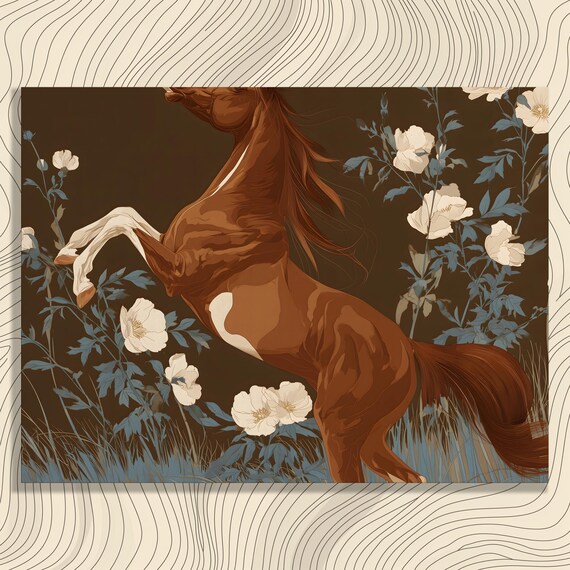 Floral Horse Canvas Wall Art Rearing Arabian Equine Print Botanical Flowers Wild Roses Meadow Modern Decor Gift Home