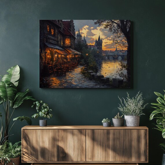 Prague Old Town Dusk Riverside Beer Garden Oil Painting Wall Art