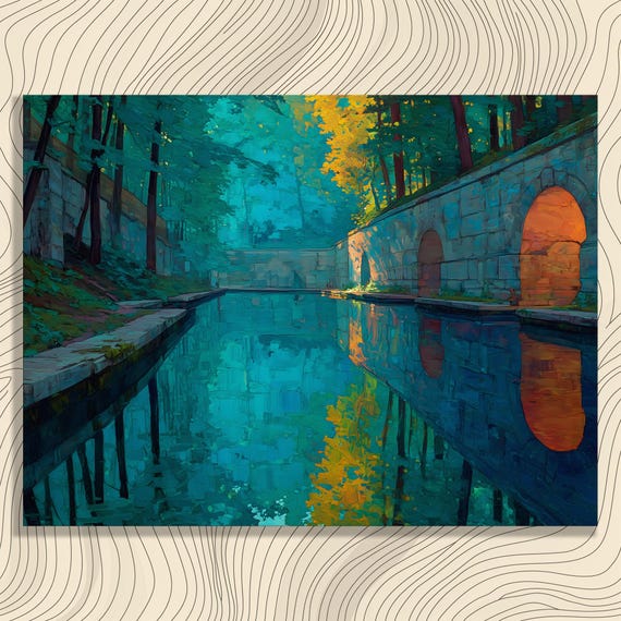 Enchanting Forest Canal Canvas Wall Art Tranquil River Reflection Landscape Painting Decor Print Modern Nature Scene