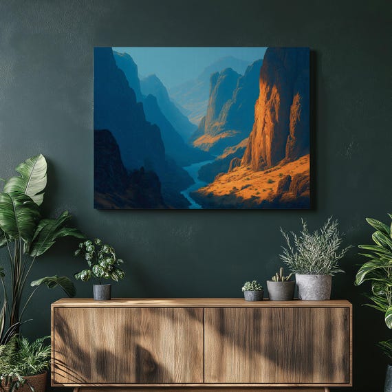 Majestic Canyon Canvas Wall Art Landscape Nature Print Mountain River Scene Poster Valley Decor Rustic Wilderness Painting Scenic