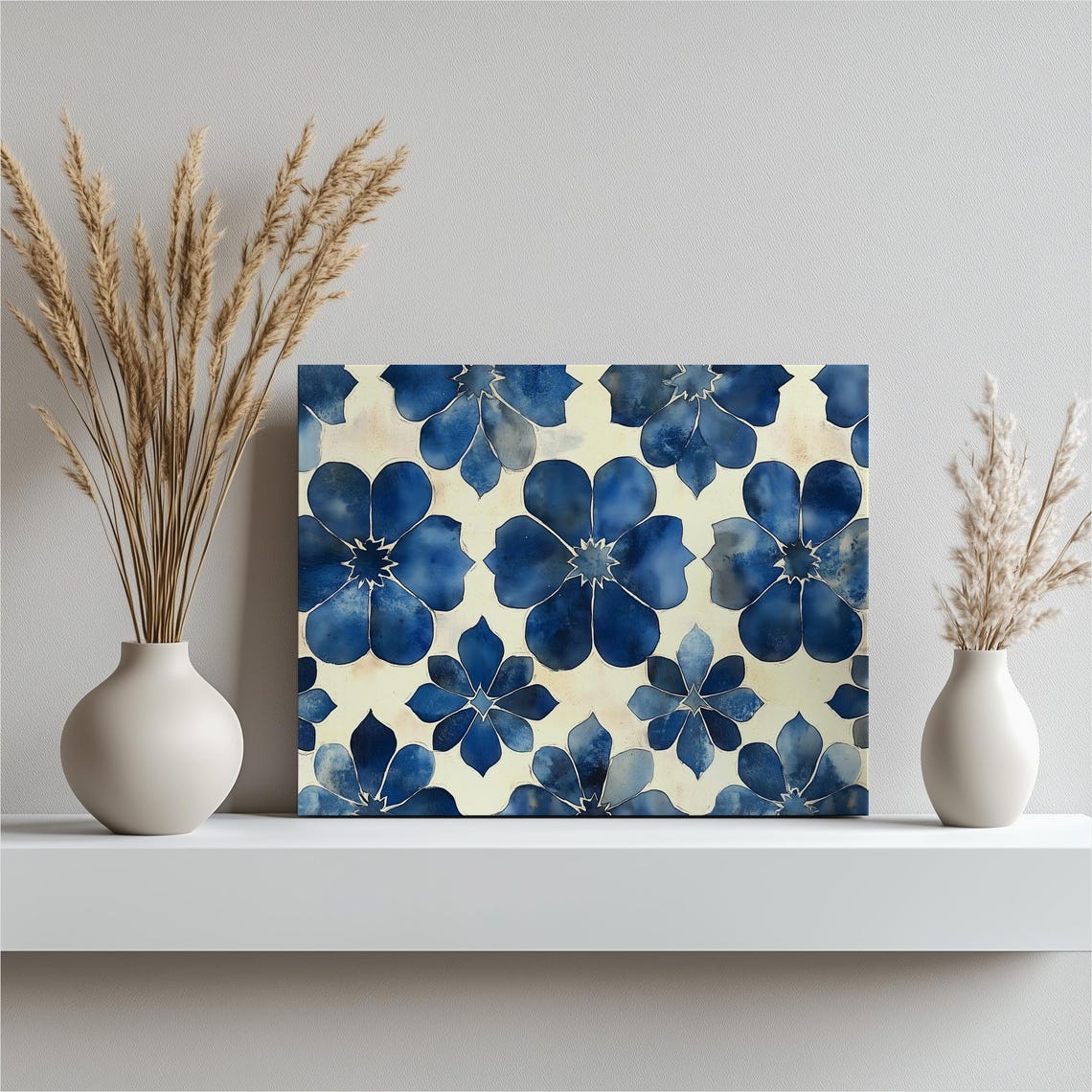 Blue Floral Pattern Canvas Wall Art Geometric Blossoms Navy Indigo Decor Botanical Tile Design With Symmetrical Petals Home Accent