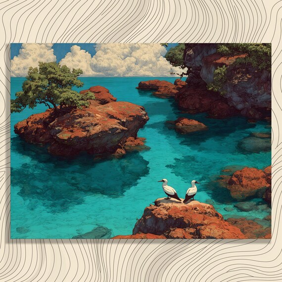 Turquoise Seaside Cove Red Rocks Seabirds Mediterranean Art Poster