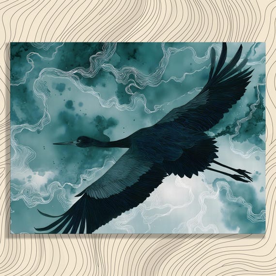 Heron Flight Canvas Wall Art Teal Watercolor Bird Illustration Print Abstract Wildlife Decor Nature Lover Gift