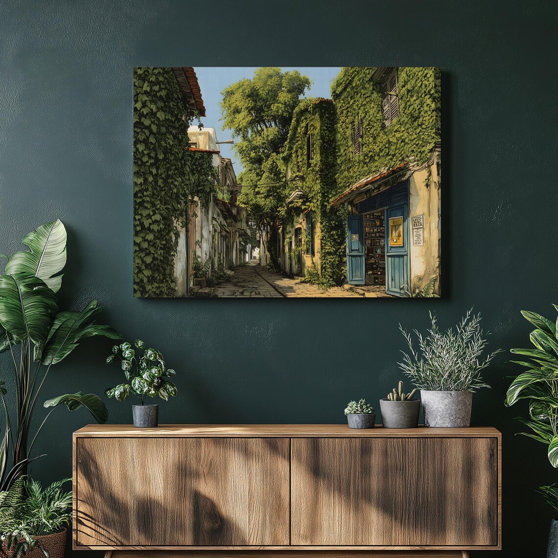 Sunlit Mediterranean Alley Poster Ivy Covered Buildings Old Town Art