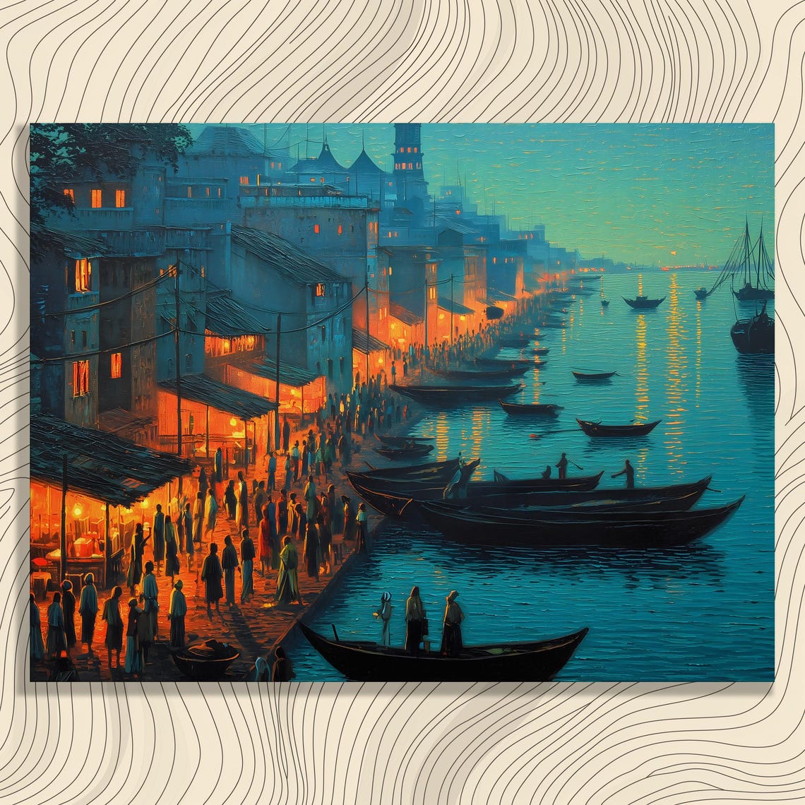 Twilight Harbor Market Boats Bustling Waterfront Oil Painting Print