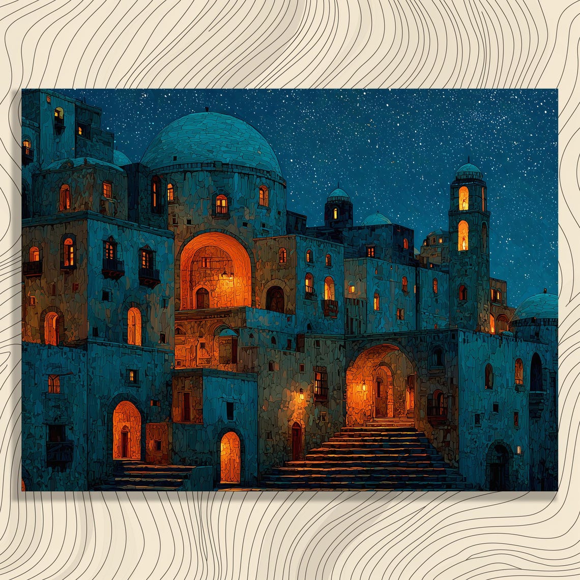 Starry Night Historic Stone Town Glowing Windows Canvas Print