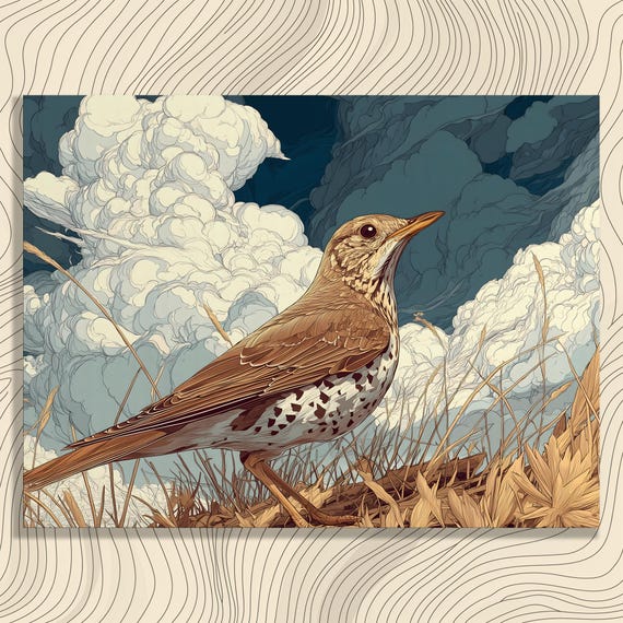 Songbird Thrush Canvas Wall Art Rustic Farmhouse Nature Decor Wildlife Print Countryside Sky Clouds Meadow Illustration Gift