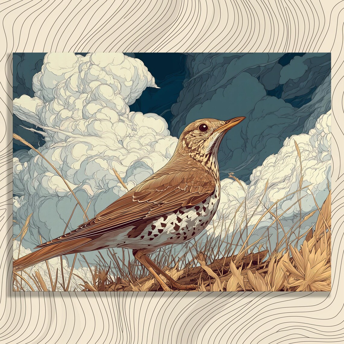 Song Thrush in Golden Grasses Under Dramatic Clouds Nature Art Poster