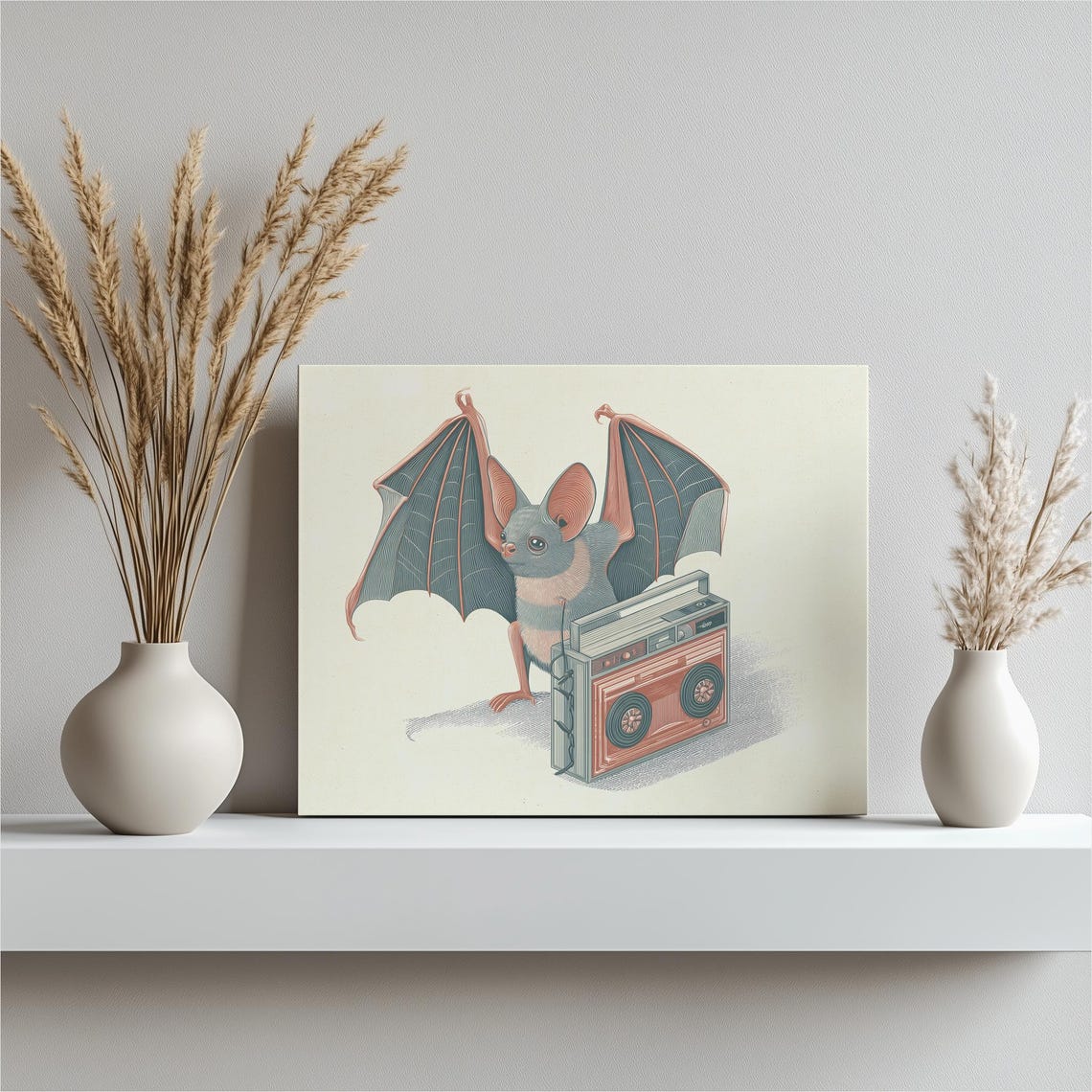 Retro Bat With Boombox Crosshatch Illustration Vintage Radio Poster