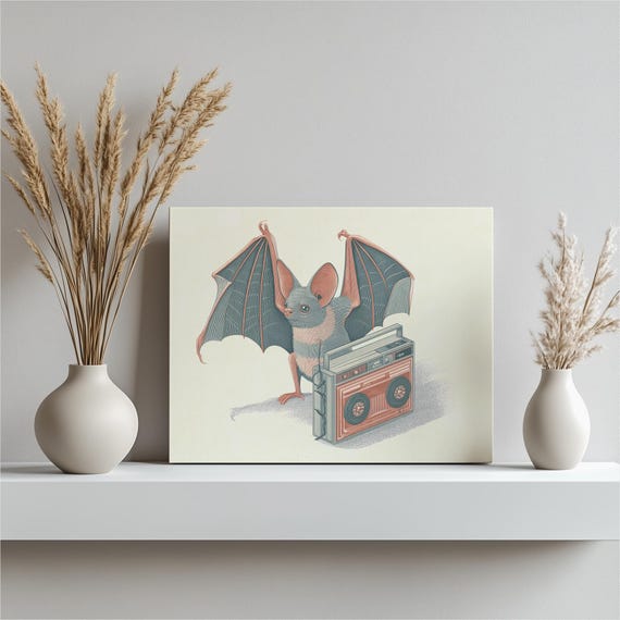 Retro Bat Boombox Canvas Wall Art Crosshatch Illustration Vintage Radio Cassette Tape Wildlife Drawing Quirky Gift For Music Fans
