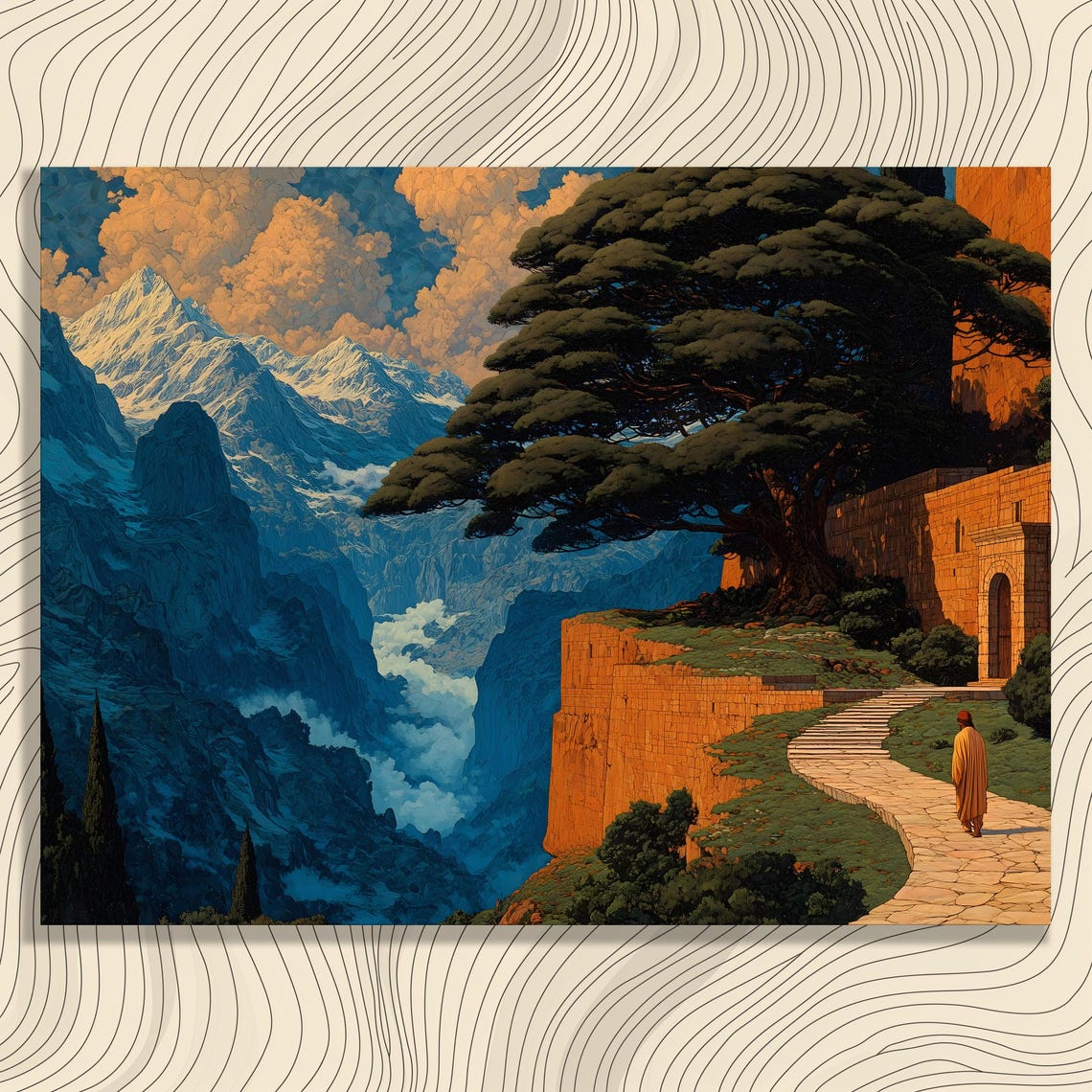 Epic Fantasy Mountain Landscape Lone Wanderer Stone Path Poster