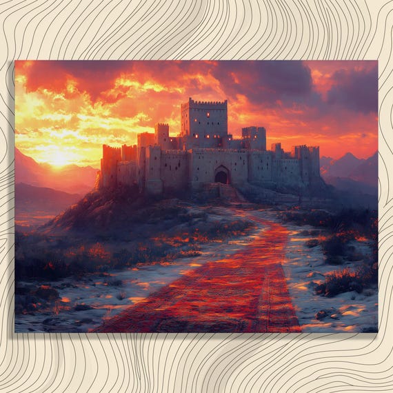 Majestic Castle Sunset Canvas Wall Art Vintage Landscape Print Twilight Painting Nature Decor Gift For Collectors Mountains
