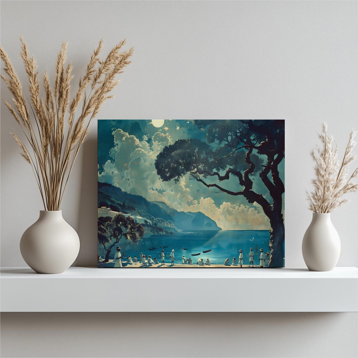 Moonlit Seaside Beach Figures Sailboats Vintage Coastal Scene Print