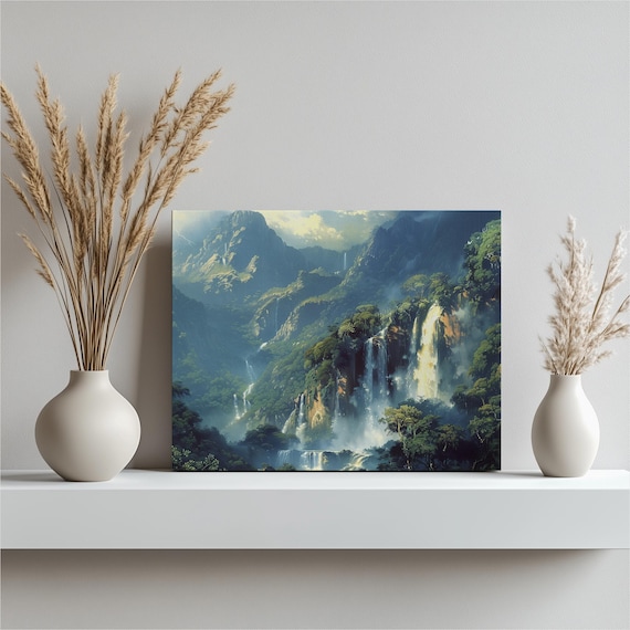 Misty Mountain Waterfalls Lush Green Jungle Valley Canvas Poster