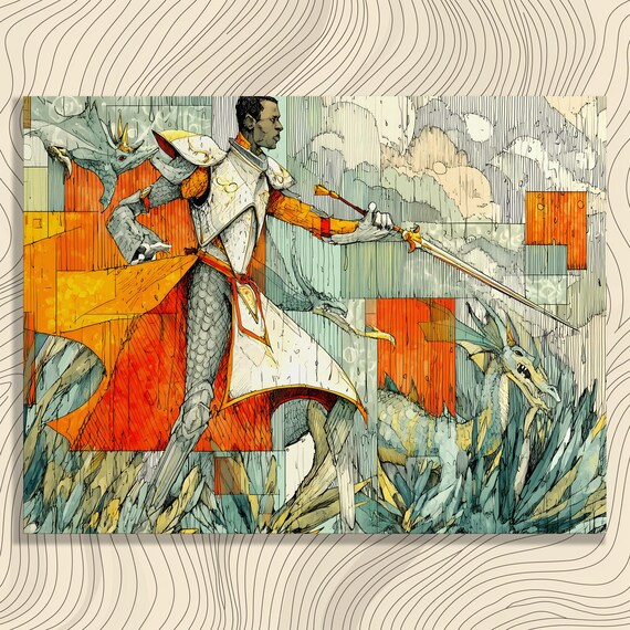 Epic Knight Dragon Canvas Wall Art Abstract Cubism Battle Scene Sword Armor Fantasy Painting Print Adults Teens Gift Decor Modern