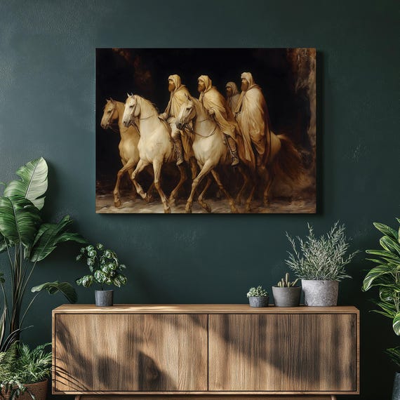 Cloaked Horsemen Procession Canvas Wall Art Moody Equestrian Riders Painting Vintage Rustic Decor Sepia Horse Scene Medieval Imagery