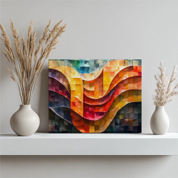 Colorful Geometric Wave Mosaic Tile Art Bold Rainbow Abstract Poster