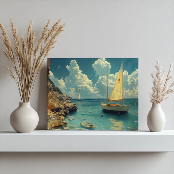 Sailboats in Turquoise Cove With Rocky Cliffs Coastal Painting Poster