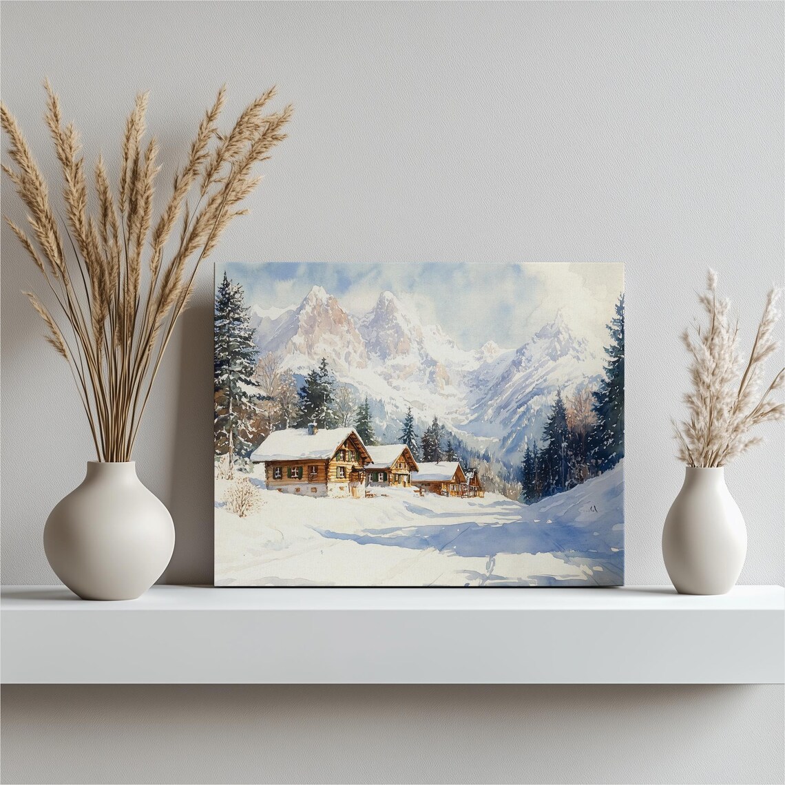 Swiss Alps Watercolor Chalet Snowy Peaks Winter Landscape Print
