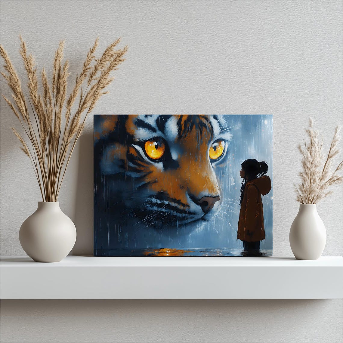 Siberian Tiger Spirit Guardian Rainy Night Fantasy Canvas Wall Art