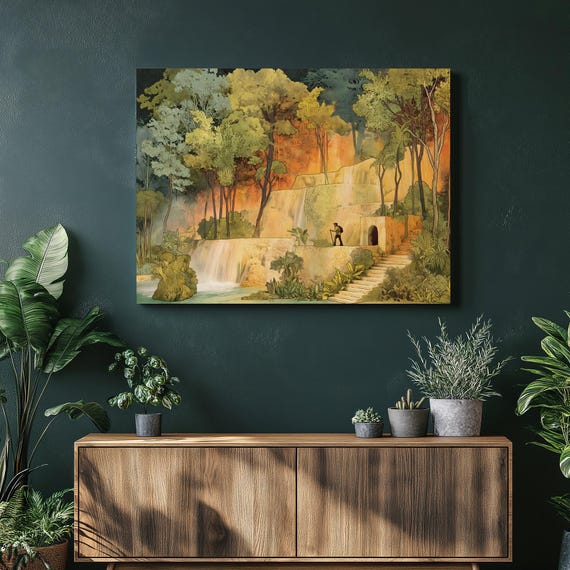 Tropical Waterfall Canvas Wall Art Lush Jungle Landscape Terraced Falls Illustration With Hiker Nature Scenery And Travel Inspired Decor