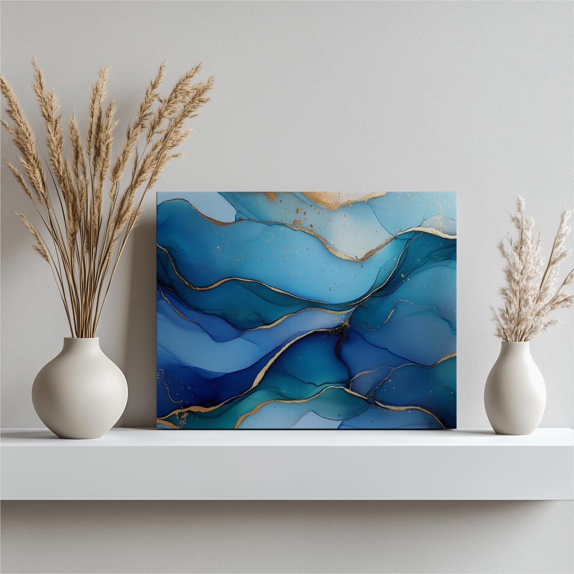 Deep Blue and Gold Alcohol Ink Ocean Abstract Art Poster for Home
