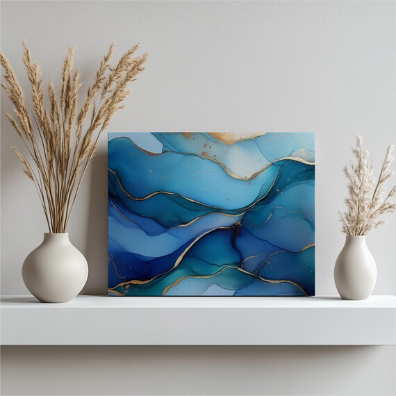 Modern Abstract Canvas Wall Art Copper Ocean Blue Decor Fluid Shapes Gold Accents Ink Artwork Living Room Pieces Contemporary Design
